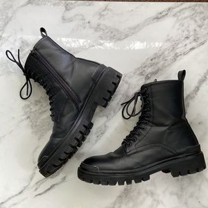 Vegan Leather Black Combat Boots with Wool Interior